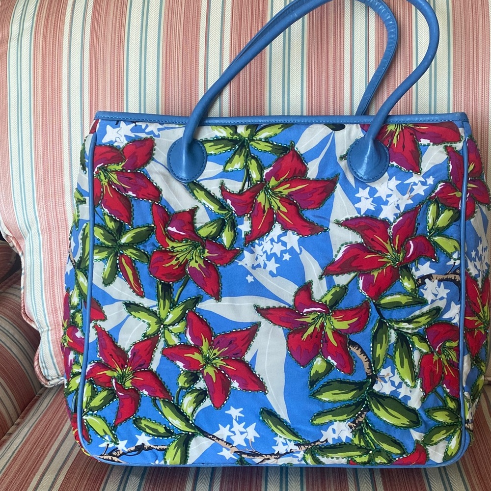 New Nicole Miller Beaded Floral Blue Tote Bag $285